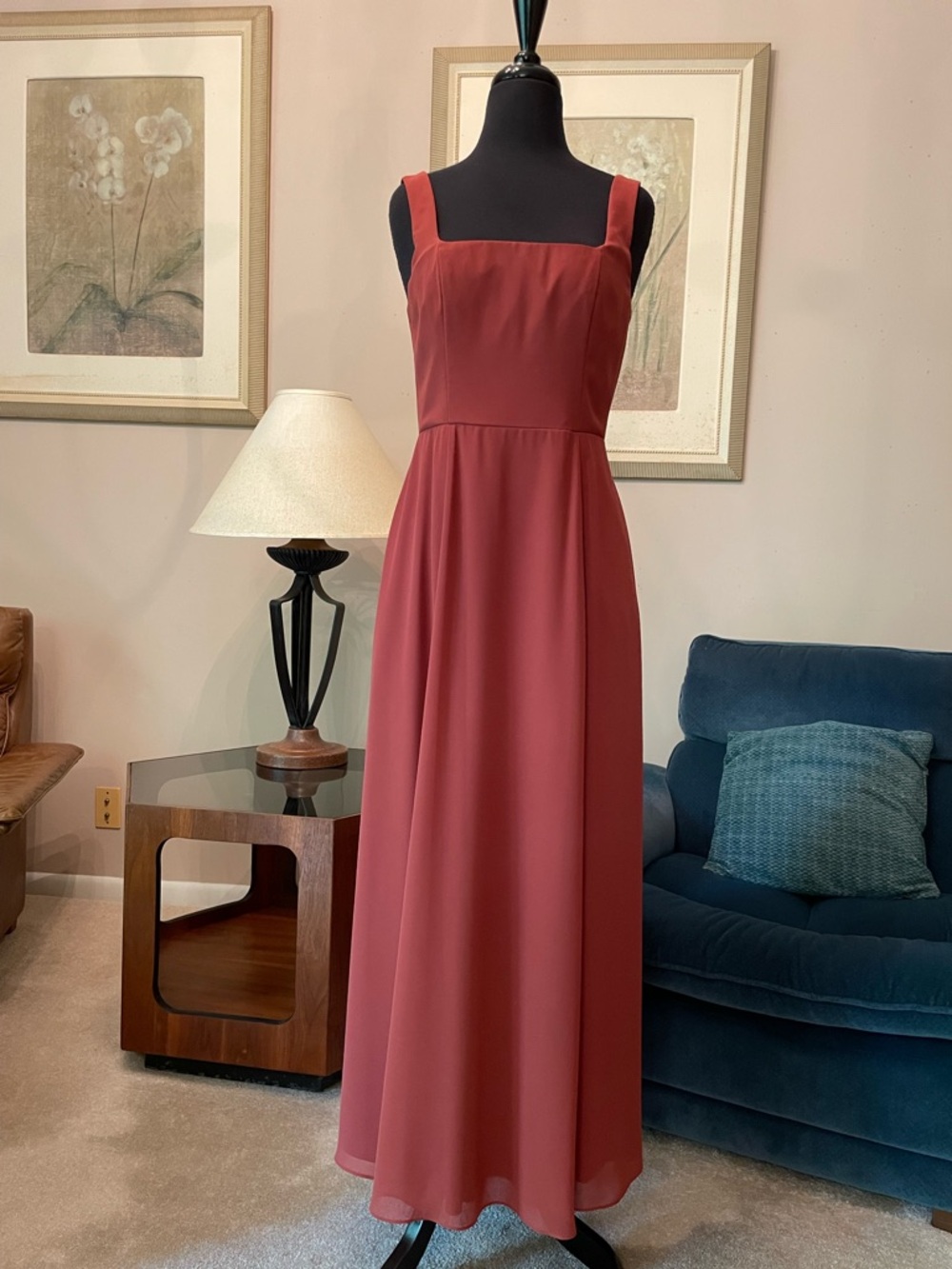 David’s Bridal Chiffon Cinnamon Square Neckline Lace Up Back Dress With Pockets